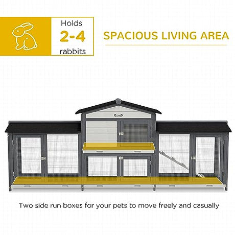PawHut 90.5" Wooden Rabbit Hutch Bunny Cage Pet Playpen House Enclosure with Double Side Run Boxes, No Leak Tray, Ramp, for Guinea Pig and Small Animals, Light Gray PawHut