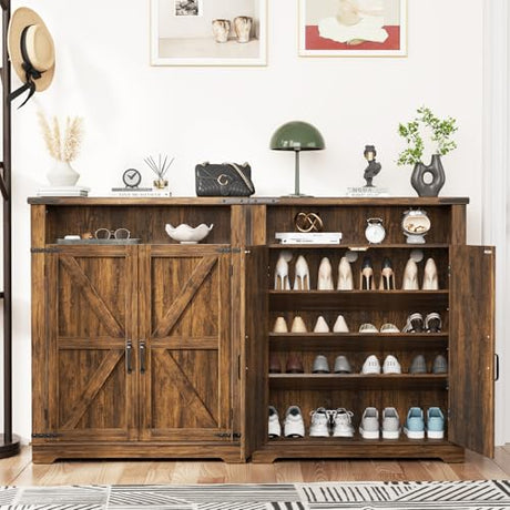 ALLSTAND 6-Tier Shoe Cabinet with Doors, Entryway Shoe Rack Wooden Shoe Storage Cabinet with Adjustable Shelves & Anti-tip Fitting, Farmhouse Shoe Cabinet Storage for Entryway, Living Room, Closet ALLSTAND