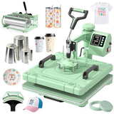 Slendor 8 in 1 Heat Press Machine 15x15 inch 360-Degree Swing Away Digital T Shirt Pressing Machine Multifunction Heat Transfer Sublimation Combo for T Shirts Mugs Hat Plate Cap, Green Slendor