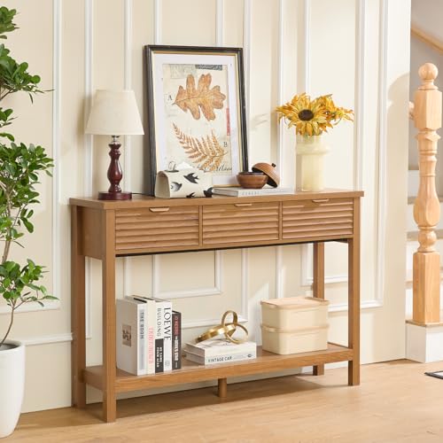 LEYAOYAO Fluted 47.2" Console Table with 3 Drawers, Modern Wood 2 Tier Entryway Table with Open Storage Shelf, Boho Sofa Entry Tables Behind Couch for Living Room, Hallway, Entrance Foyer, Tea Brown LEYAOYAO