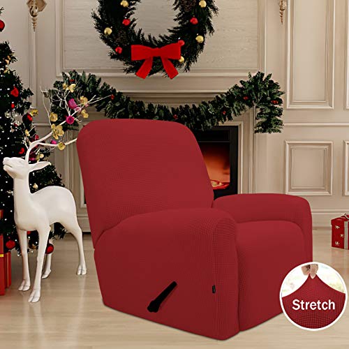 Easy-Going Recliner Stretch Sofa Slipcover Sofa Cover 4-Pieces Furniture Protector Couch Soft with Elastic Bottom Polyester Spandex Jacquard Fabric Small Checks(Recliner,Christmas Red,Large)