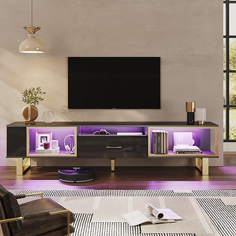 Bestier 70 Inch TV Stand with LED Lights for 75 Inch TV, Entertainment Center with Open Storage and Half-Glass Design Drawer, Modern High Gloss TV Console Table for Living Room, Black and Gold Bestier