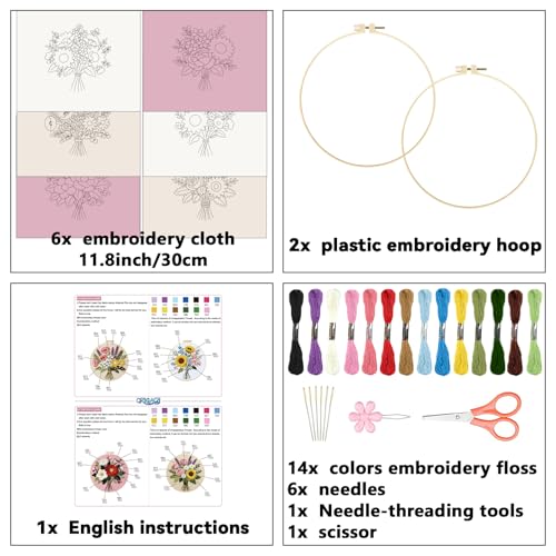 ORIGACH 6 Pack Flower Bouquet Embroidery Kits for Beginners, DIY Starter Hand Embroidery Kit with Sunflower Rose Lavender Patterns and Instructions for Adults Women Crafting