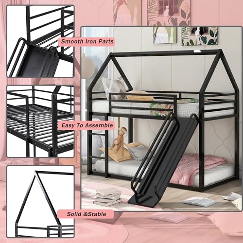 Merax Modern Twin Over Twin Heavy Steel Low Bunk Bed with Ladder and Slide, House Shaped Bunk Bed Frame with Full Lenght Guardrail, No Box Spring Needed, Space-Saving, Black Merax