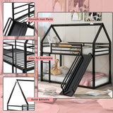 Merax Modern Twin Over Twin Heavy Steel Low Bunk Bed with Ladder and Slide, House Shaped Bunk Bed Frame with Full Lenght Guardrail, No Box Spring Needed, Space-Saving, Black Merax