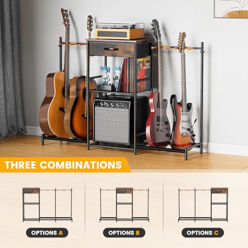Guitar Stands Floor with 4 Guitar Holders, 3-Tier Guitar Stand Multiple Guitars, Guitar Rack with Amp Stand & Cloth Drawer, Multi Guitar Stand for Music Studio, Guitar Accessories gift for Music Lover Elerator