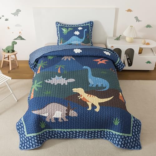 Soul & Lane Dinosaur Quilt Set – Twin and 1 Sham, Kids Dinosaur Bedding for Boys, Toddler Twin Comforter and Dino Bedspread, Reversible T-Rex Bedding with Blue Check Pattern, Dino Delight Soul & Lane