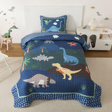 Soul & Lane Dinosaur Quilt Set – Twin and 1 Sham, Kids Dinosaur Bedding for Boys, Toddler Twin Comforter and Dino Bedspread, Reversible T-Rex Bedding with Blue Check Pattern, Dino Delight Soul & Lane