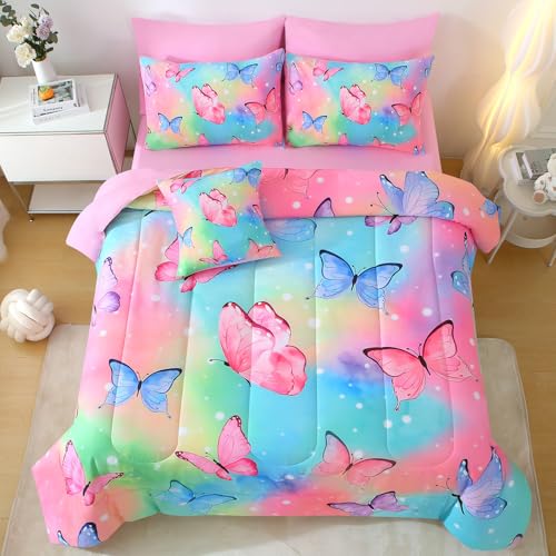 JQinHome 8 Pc Butterfly Comforter Set Queen, 3D Rainbow Butterfly Bedding Set for Girls Women,All Season Microfiber Butterfly Design Bedding Collection with Pillowcase, Flat & Fitted Sheet(Rainbow) JQinHome