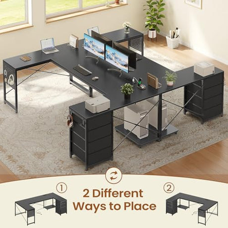 SEDETA 67" U Shaped Desk with 4 Fabric Drawers, Reversible Corner Computer Desk with Power Outlet & CPU Shelf, L Shaped Office Desk with Pegboard for Home Office, Black SEDETA