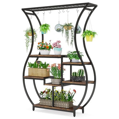 Tribesigns 6-Tier Plant Stand, 70.9 Inch Tall Plant Shelf with 10 Hanging Hooks, Vase Shape Ladder Plant Stand, Multi-Purpose Plant Display Rack for Indoor, Balcony, Living Room, Brown and Bl - WoodArtSupply