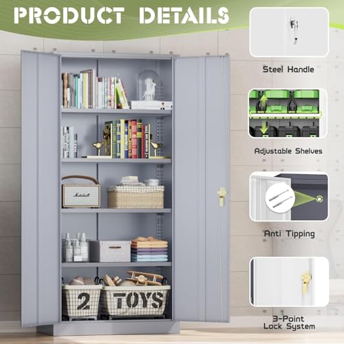 SUNCROWN Metal Storage Cabinets, 72”Locking Cabinet with 2 Doors and 4 Adjustable Shelves, Steel Utility Tool Garage Cabinets,Tall Metal Lockable File Cabinet for Office,Home, Gym, School, Grey SUNCROWN