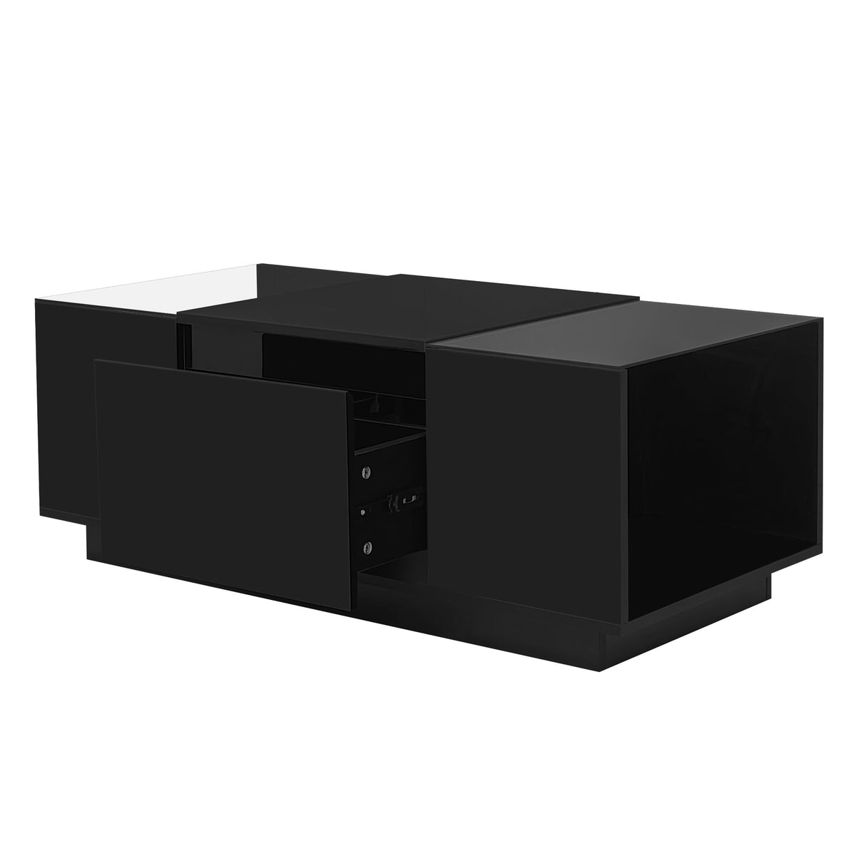 Black 2-Tier Rectangular Table with Tempered Glass Top and Drawers, LED Coffee Table with Storage, Modern High Gloss Black Coffee Table RuiSiSi