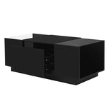 Black 2-Tier Rectangular Table with Tempered Glass Top and Drawers, LED Coffee Table with Storage, Modern High Gloss Black Coffee Table RuiSiSi
