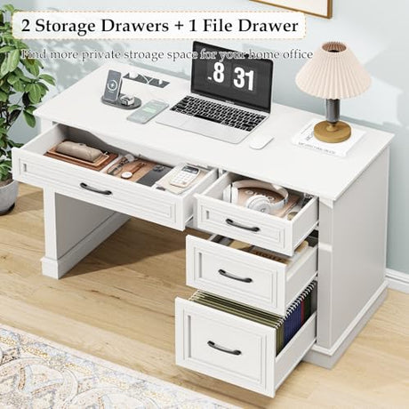 Emirde Farmhouse 47" Executive Desk, Computer Desk with Drawers and File Drawer, Workstation Computer Desk with Charging Station for Home Office,Study,（Cream White） Emirde