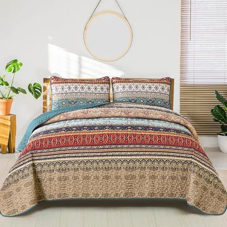 WONGS BEDDING Boho Full Quilt Set,3 Pieces Green Brown Bohemian Full Size Bedding Set Lightweight Microfiber Bed Decor Bedspread for All Season 78"x90" WONGS BEDDING