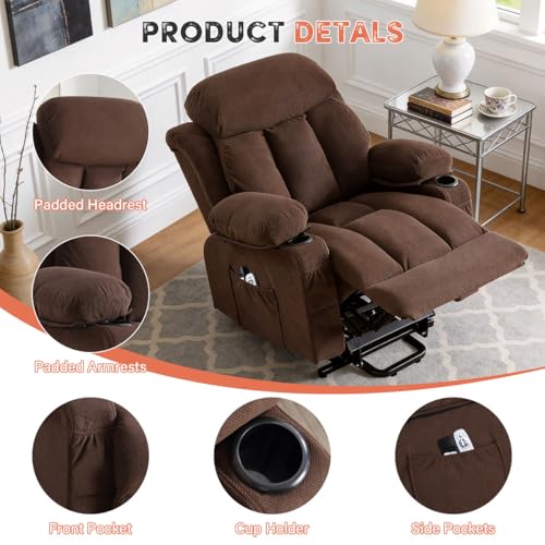 BOSMILLER Power Lift Recliner Chair with Massage and Heat for Elderly, Electric Recliner Single Sofa with Two Cup Holders, Extended Footrest, Side Pocket and USB Charge Port for Living Room