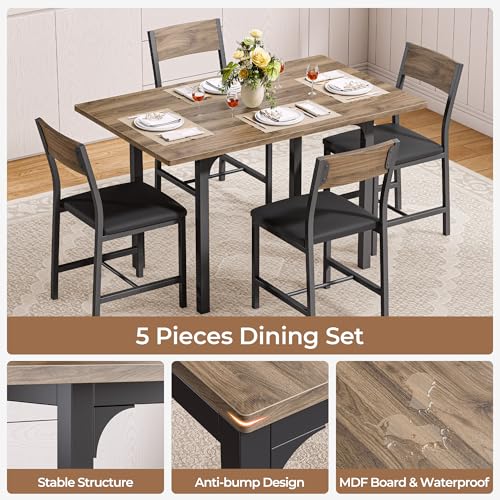 IRONCK 5-Piece Dining Table Set for 4, Extendable Kitchen Table Chairs Set of 4, Dining Room Table with 4 Upholstered Chairs, Folding for Small Space, Apartment, Walnut IRONCK