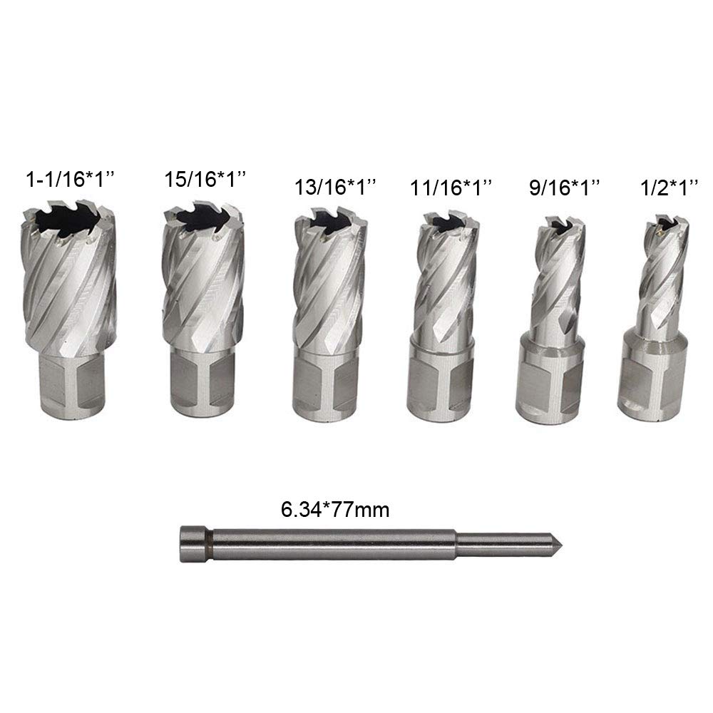 Annular Cutters Set 6pcs JESTUOUS 3/4 Inch Weldon Shank 1 Cutting Depth 1/2-1-1/16 Cutting Diameter Two Flat HSS Slugger Bits for Mag Drill Press with Pilot Pin - WoodArtSupply