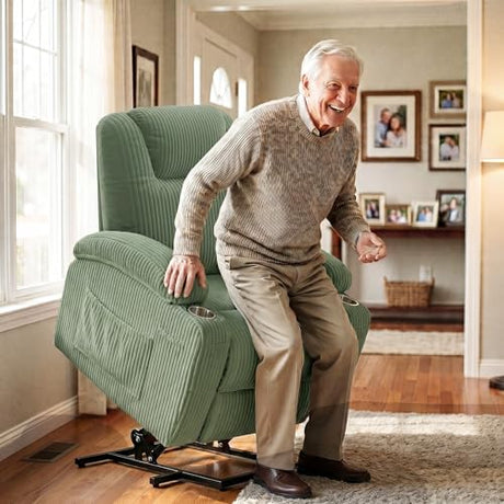 Flamaker Power Lift Chair Massage Recliner Chairs for Elderly, Corduroy Ergonomic Design with Cup Holders & Side Pockets, Remote Control (Green) Flamaker