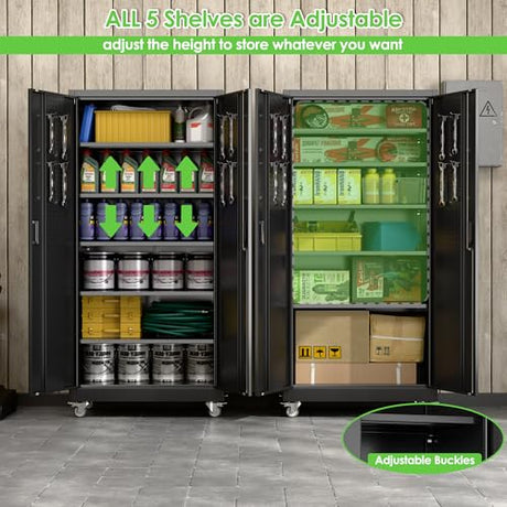 JAORD Garage Storage Cabinet with Wheels and Pegboard, Lockable Metal Storage Cabinet with 5 Adjustable Shelves and 4 Hooks for Garage,Warehouse, Assembly Required, Black, 71" H x 34" W x 18" D JAORD