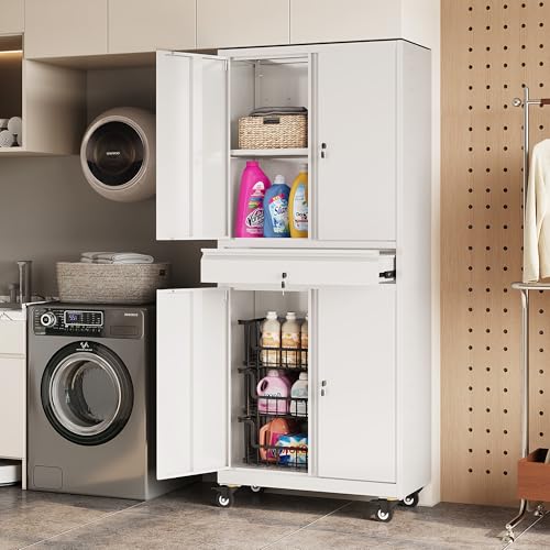 DEVAISE Metal Garage Storage Cabinet with Locking Doors and Adjustable Shelves, Rolling Tool Cabinet with Drawer for Garage,Warehouse,Home,Office (White) DEVAISE