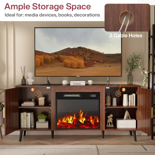 TAVATA 58" Fireplace TV Stand with 23" Fireplace Up to 65" TVs, Fluted Modern Entertainment Center with Storage Cabinet and Adjustable Shelves, Media TV Console Table for Living Room, Brown TAVATA