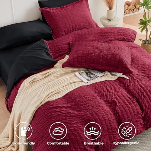 HYMOKEGE Red & Black Twin Comforter Set Seersucker 5 Pieces, All Season Luxury Bed in a Bag for Bedroom, Bedding Set with Comforters, Sheets, Pillowcase & Sham HYMOKEGE
