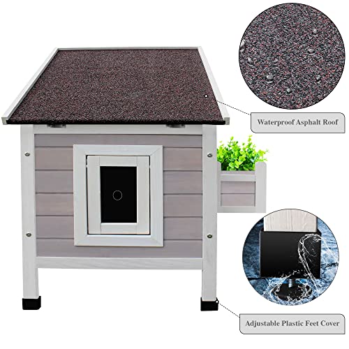 HiCaptain Outdoor Cat House, Weatherproof Feral Cat House with Escape Door, Outside Wooden Single Story Pet House for Cats, Puppies and Small Pet - Grey HiCaptain