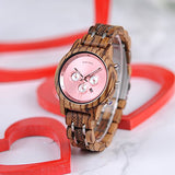BOBO BIRD Women Wooden Watches Luxury Wood Metal Strap Chronograph & Date Display Quartz Watch Fashion Zebra Wood Casual Business Ebony Wristwatches (Zebra-Pink) BOBO BIRD