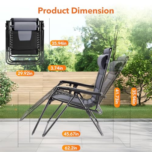 Sweetcrispy Zero Gravity Chairs, Foldable Patio Reclining Chairs with Adjustable Pillow & Cup Holder, Oversized Portable Support 400 lbs, for Backyard Camping(Black-Gray)