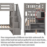 Harper & Bright Designs Twin Over Twin Bunk Bed with Storage Staircase, Wood Bunk Bed with Full-Length Fence Kids, Teens & Adults, Convertible Bunk Beds, Gray Harper & Bright Designs