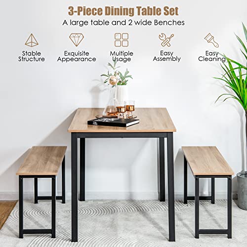 Giantex Dining Table Set for 4, Industrial Kitchen Table Set w/ 2 Benches, Space-Saving Dinette Set for Breakfast Nook, Dining Room, Kitchen, Easy Assembly (Natural) Giantex