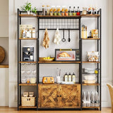 IRONCK Bakers Rack with Power Outlet, 54.7 Inch Coffee Bar Cabinet, Kitchen Bakers Rack with Storage, Microwave Stand with Shelves, Globlet Holder and 5 Hooks, Vintage Brown