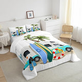 Erosebridal Ocean Beach Down Comforter Full Size, Cartoon Surfboard Bus Bedding Set, Palm Trees Comforter Set for Kids Boys Girls Teens, Tropical Coastal Summer Holiday Duvet Insert Bedroom Decor Erosebridal