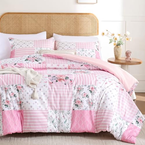 YIKUSH Queen Comforter Set - Pink Spring Floral Comforter Queen Size Patchwork Flower Cozy Bedding Set 3 Pieces for All Season, Cute Pattern 1 Comforter (90"x90") and 2 Pillow Shams (20"x26") YIKUSH