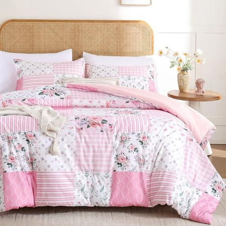 YIKUSH Queen Comforter Set - Pink Spring Floral Comforter Queen Size Patchwork Flower Cozy Bedding Set 3 Pieces for All Season, Cute Pattern 1 Comforter (90"x90") and 2 Pillow Shams (20"x26") YIKUSH