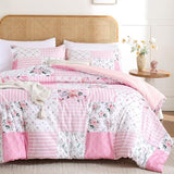 YIKUSH Full Comforter Set - Pink Spring Floral Comforter Full Size Patchwork Flower Cozy Bedding Set 3 Pieces for All Season, Cute Pattern 1 Comforter (79"x90") and 2 Pillow Shams (20"x26") YIKUSH