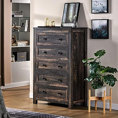 VanAcc 5 Tall Dresser for Bedroom with Drawers, Tall Chest of Drawers with Vintage Grain Texture, Farmhouse Wood Dresser for Bedroom, Living Room, Hallway, Dark Oak - WoodArtSupply