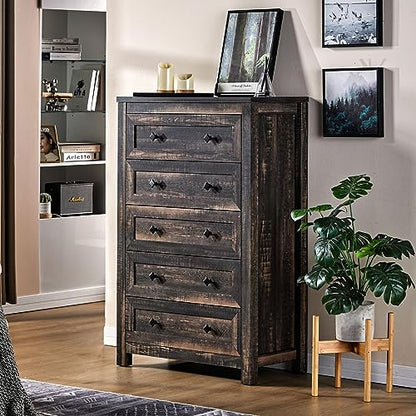 VanAcc 5 Tall Dresser for Bedroom with Drawers, Tall Chest of Drawers with Vintage Grain Texture, Farmhouse Wood Dresser for Bedroom, Living Room, Hallway, Dark Oak - WoodArtSupply