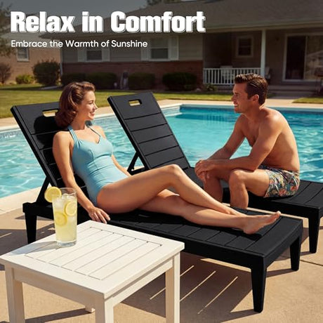 Devoko Outdoor Chaise Lounge Chair Set of 2 with 5-Position Adjustable Back, Waterproof & Lightweight PP Lounge Chairs for Outside Pool Patio (Black) Devoko