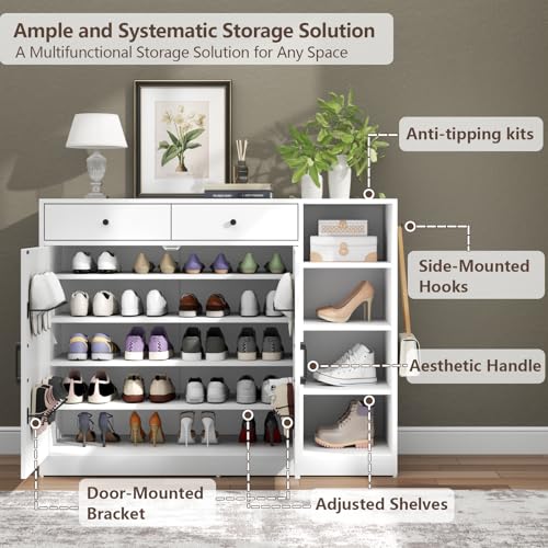 Loomie 5-Tier Shoe Cabinet with 4 Side Cubbies, Farmhouse Shoe Rack Cabinet with 6 Adjustable Shelves & 2 Drawers, Freestanding Shoe Storage Cabinet with 4 Brackets & 2 Hooks for Entryway (White) Loomie