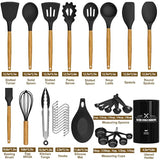 Umite Chef Kitchen Cooking Utensils Set, 33 pcs Non-Stick Utensils Spatula Set with Holder, Black Wooden Handle Silicone Kitchen Gadgets Umite Chef