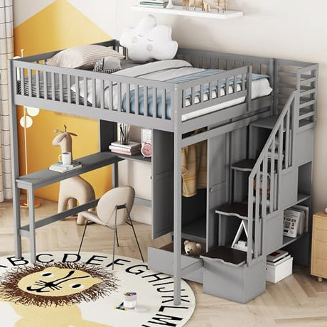 Ball & Cast Full Size Loft Bed with Storage Ladder and Bookshelf,Wooden Bedframe w/Drawers & Wardrobe,Desk,Full-Length Guard Rail,Space Saving,Bedroom Furniture for Student Dorms,Gray Ball & Cast