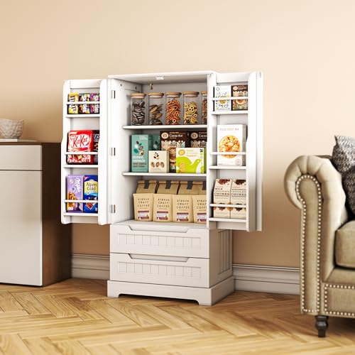 Gizoon 47" White Kitchen Pantry Storage Cabinet with Doors, Shelves, and Drawers for Organised Living - WoodArtSupply