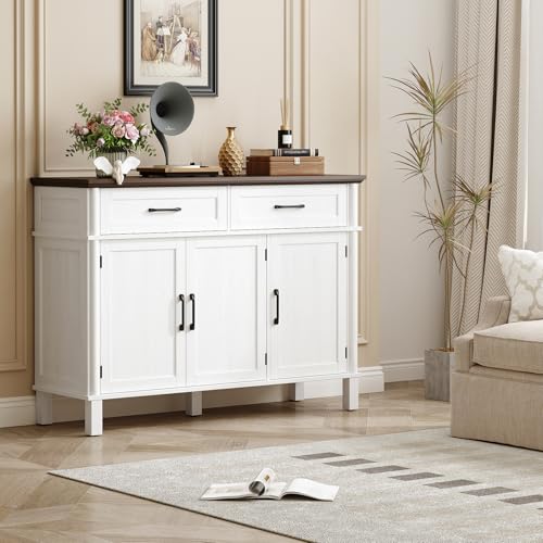 48 Inches Buffet Cabinet with Storage, Farmhouse Sideboard Buffet w/2 Drawers and 3 Doors, Wood Coffee Bar Cabinet with Adjustable Shelves, Sideboard Storage for Kitchen, Living Room, Off White ONBRILL