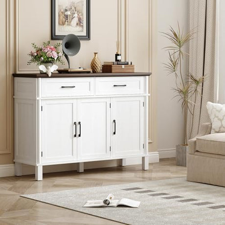 48 Inches Buffet Cabinet with Storage, Farmhouse Sideboard Buffet w/2 Drawers and 3 Doors, Wood Coffee Bar Cabinet with Adjustable Shelves, Sideboard Storage for Kitchen, Living Room, Off White ONBRILL