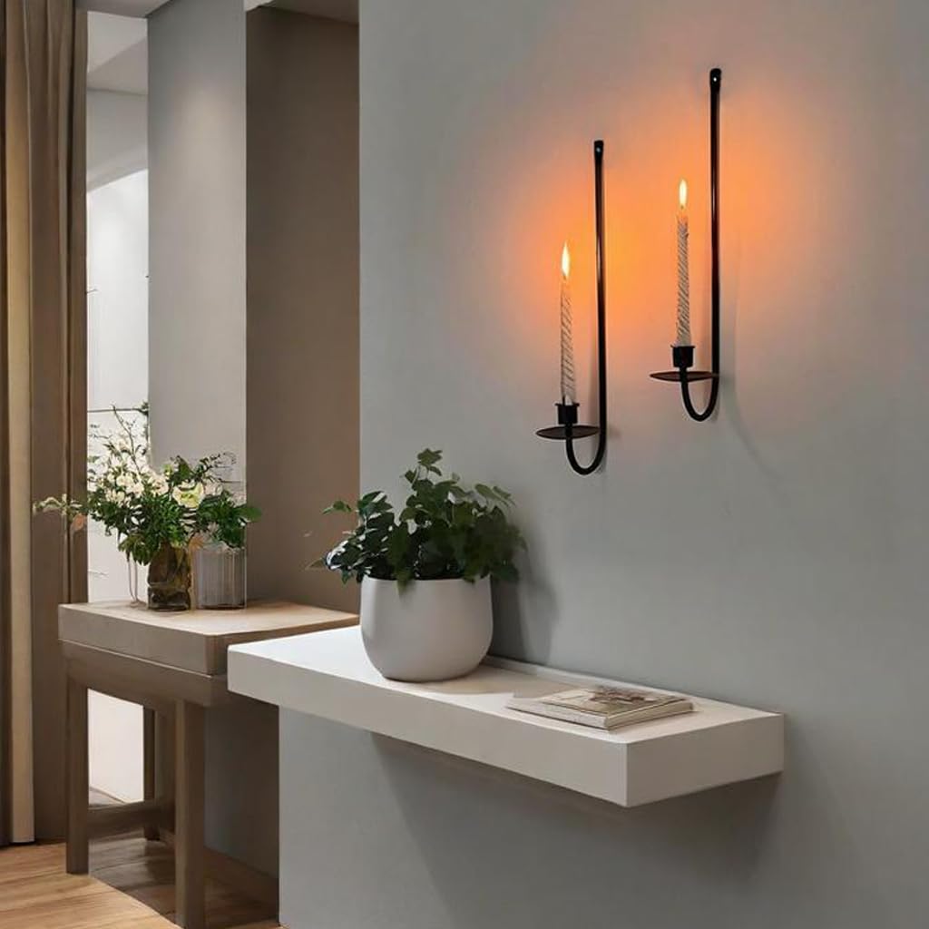 Wall Candle Holder Set of 2, Modern Candle Sconces Wall Mount Metal Holders Hanging Candle Pillar Holder for Living Room, Wedding, Farmhouse, Fireplace, Matte Black YUWENG