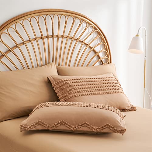 KAKIJUMN Khaki Tufted Comforter Set King Size 7 Piece Bed in a Bag, Shabby Chic Boho Comforter and Sheet Set, Pom Pom Textured Bed Set, All Season Soft Microfiber Complete Bedding Set(Khaki,King) KAKIJUMN