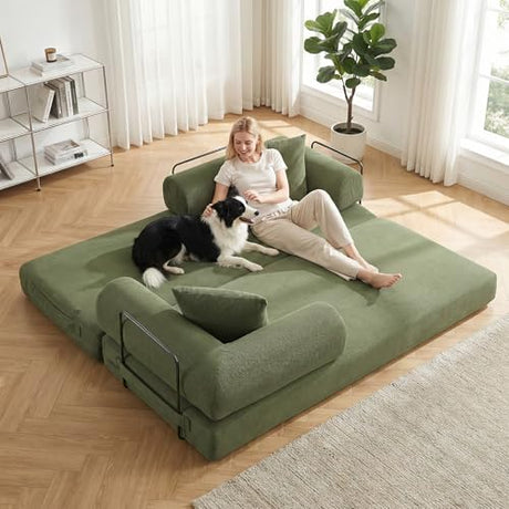 MAKIAAP 78.5'' Convertible Folding Sofa Bed, 5-in-1 Modular Floor Couch, Corduroy Small Cloud Couch, Compressed Foldable Sleeper Sofa, King Size Futon for Bedroom, Guest Room (Green) MAKIAAP